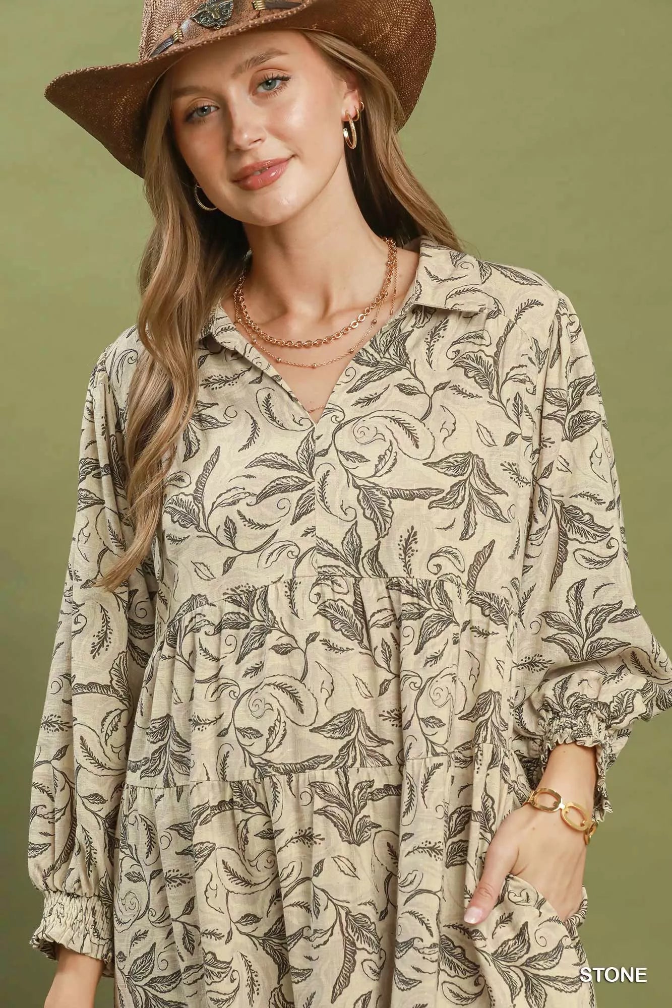 Umgee Stone Linen Botanical Print Tiered Midi Dress