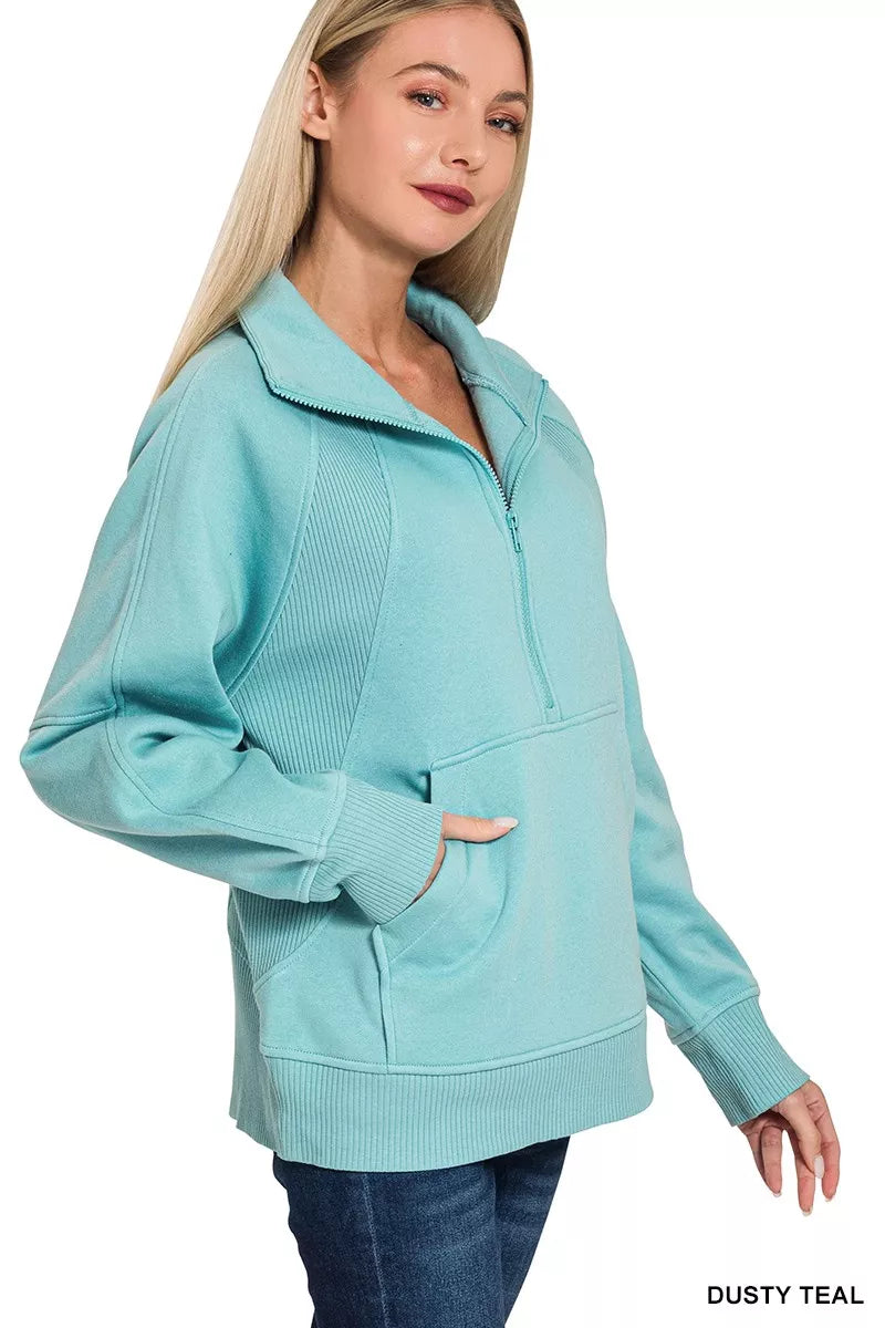 Zenana Dusty Teal Half Zip Fleece Sweatshirt with kangaroo Pocket