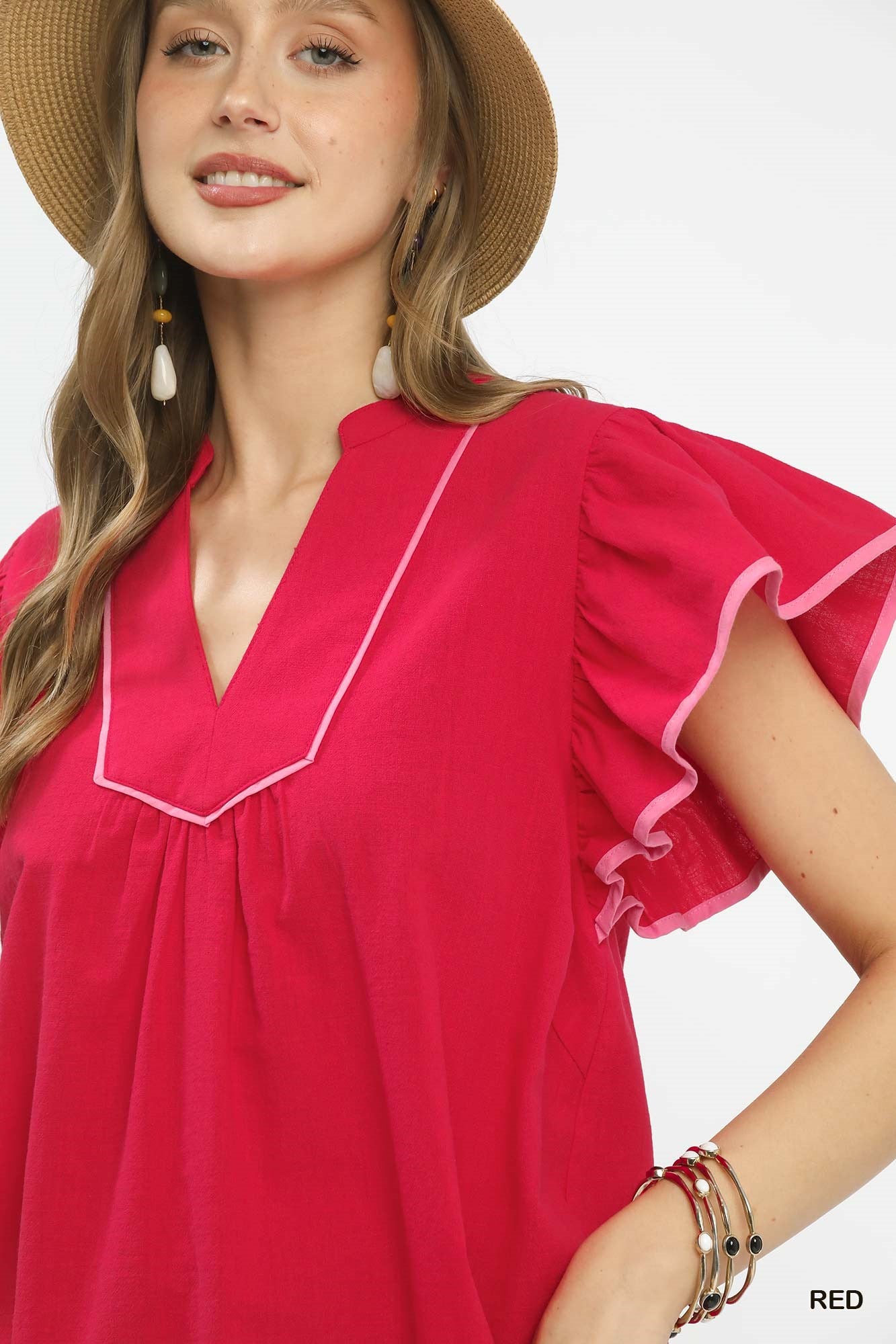 Umgee Red Contrast Trim Babydoll Blouse