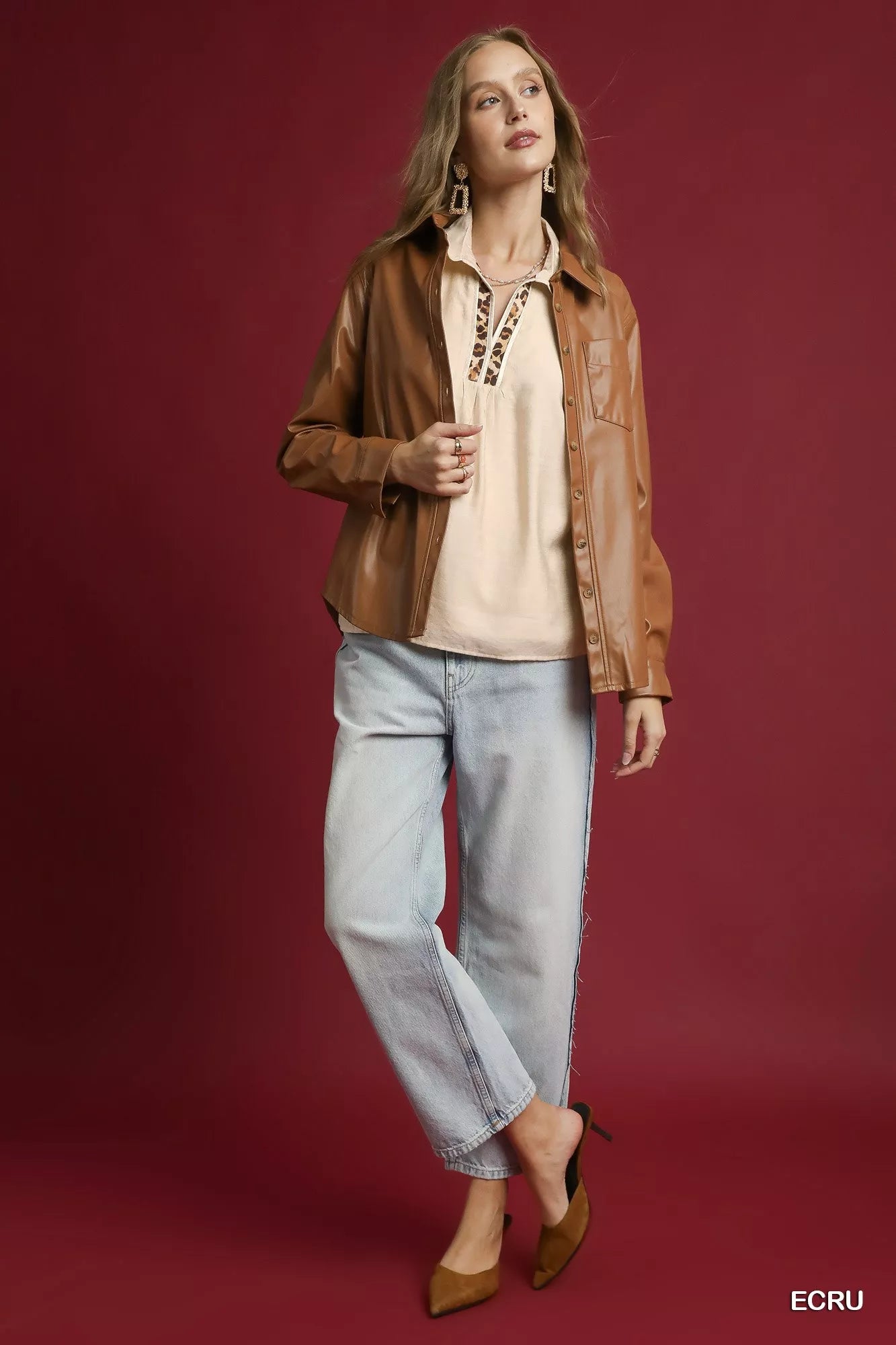 Umgee Ecru Long Sleeve Blouse with Leopard Print Trim