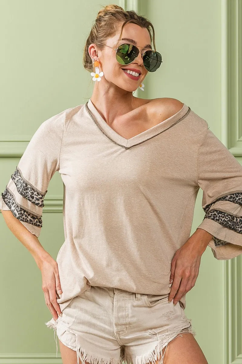 BiBi Oatmeal Triblend Knit Top with Leopard Band Detail
