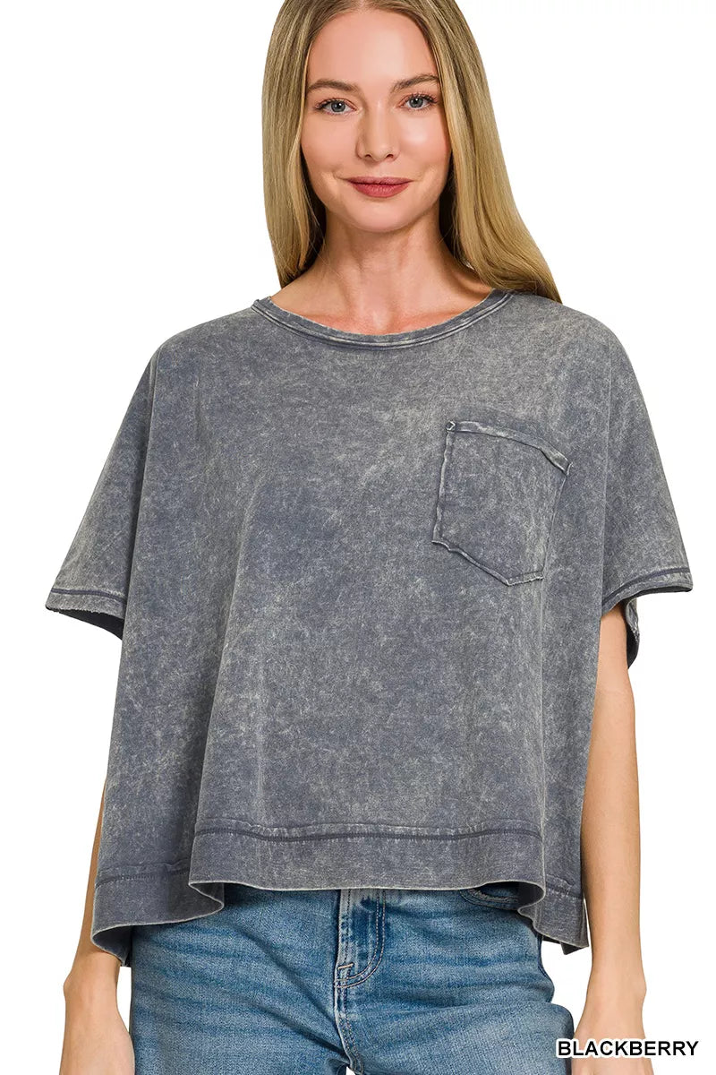 Zenana Acid Washed Round Neck Short Sleeve Oversized T-Shirt BLACKBERRY