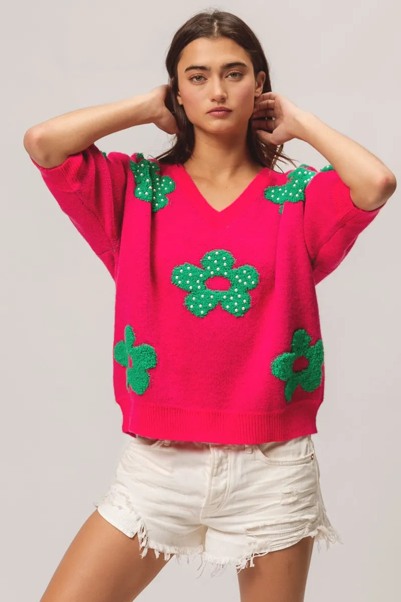 BiBi Fuchsia & Jade Pearl Beads Flowers Sweater Top
