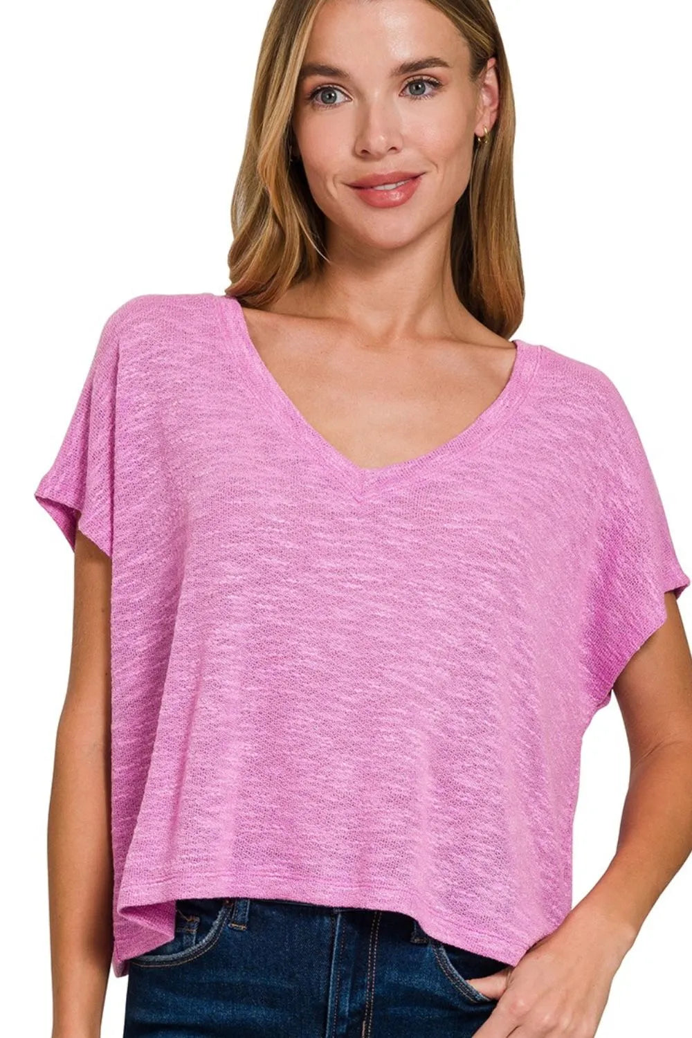Zenana Bright Mauve Hacci Slub V-neck Drop Shoulder Crop Top BRIGHT MAUVE