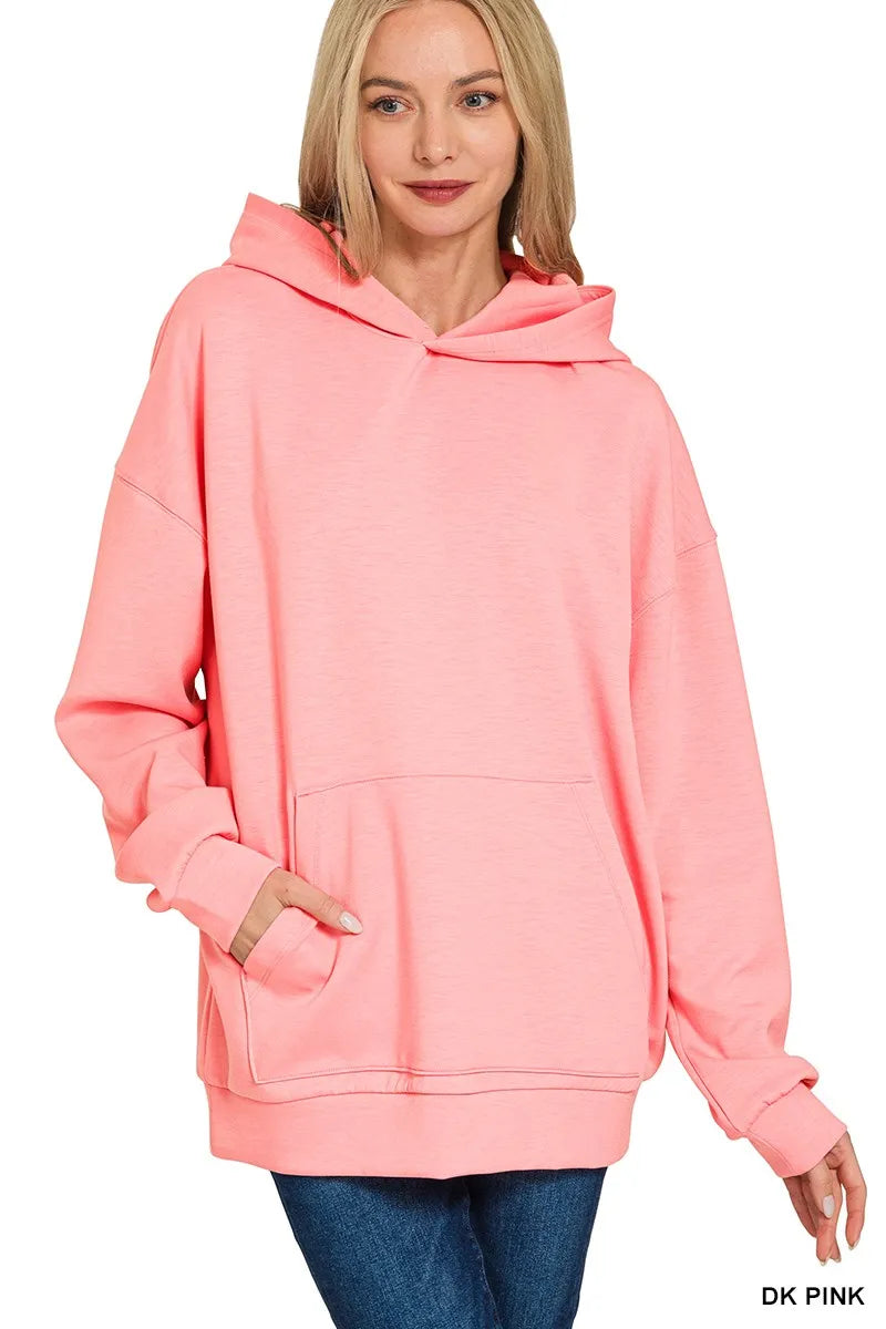 Zenana Dark Pink Oversized Scuba Hoodie with Kangaroo Pocket