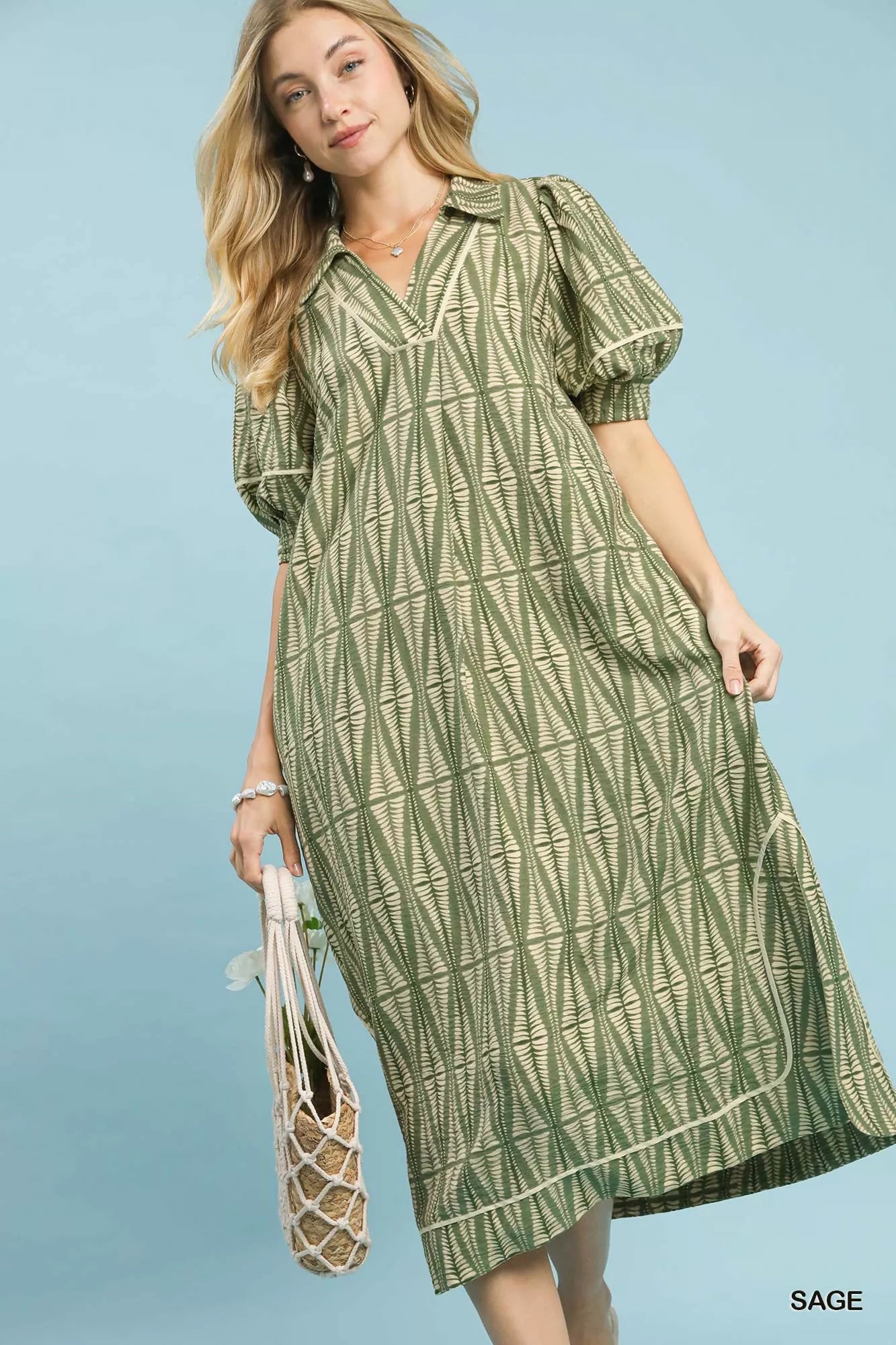 Umgee Sage Geometric Print Midi Dress Sage