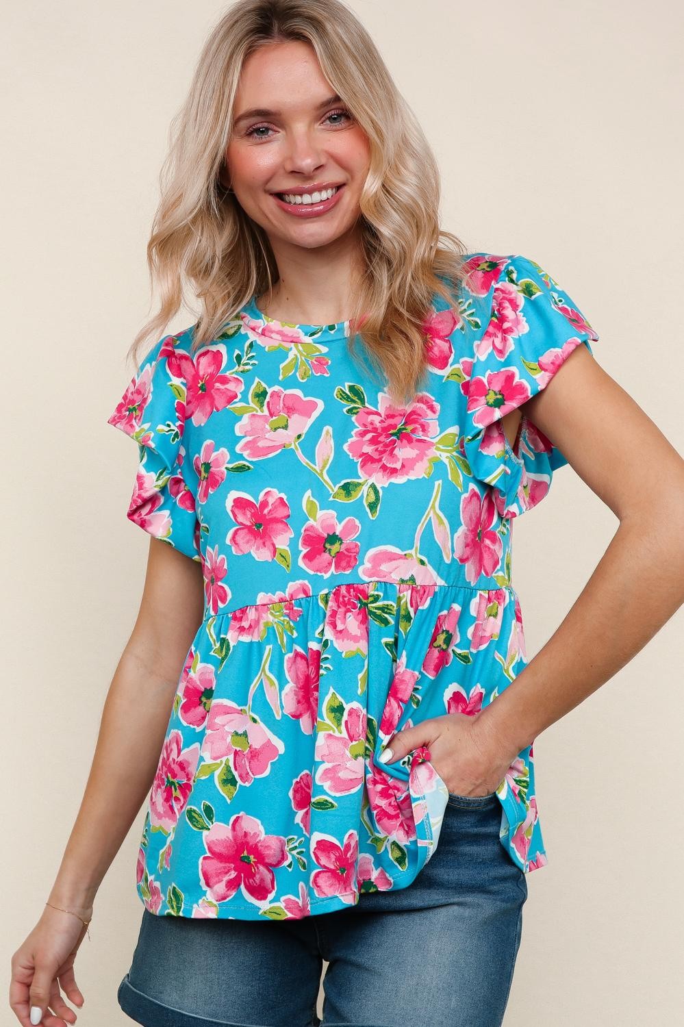 Haptics Aqua Floral Butter Smooth Knit Top with Ruffle Sleeves