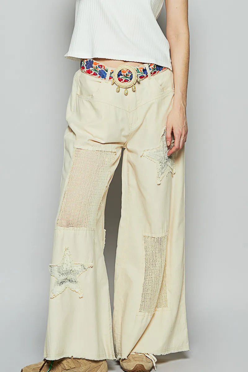 POL Raw Hem Star Patch Wide leg Pants Cream