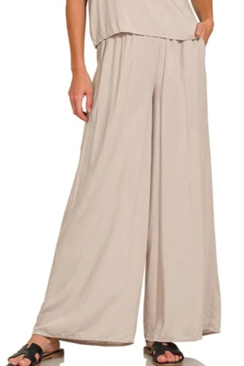 Zenana Ash Mocha Round Neck T-Shirt and Wide Leg Pants Set