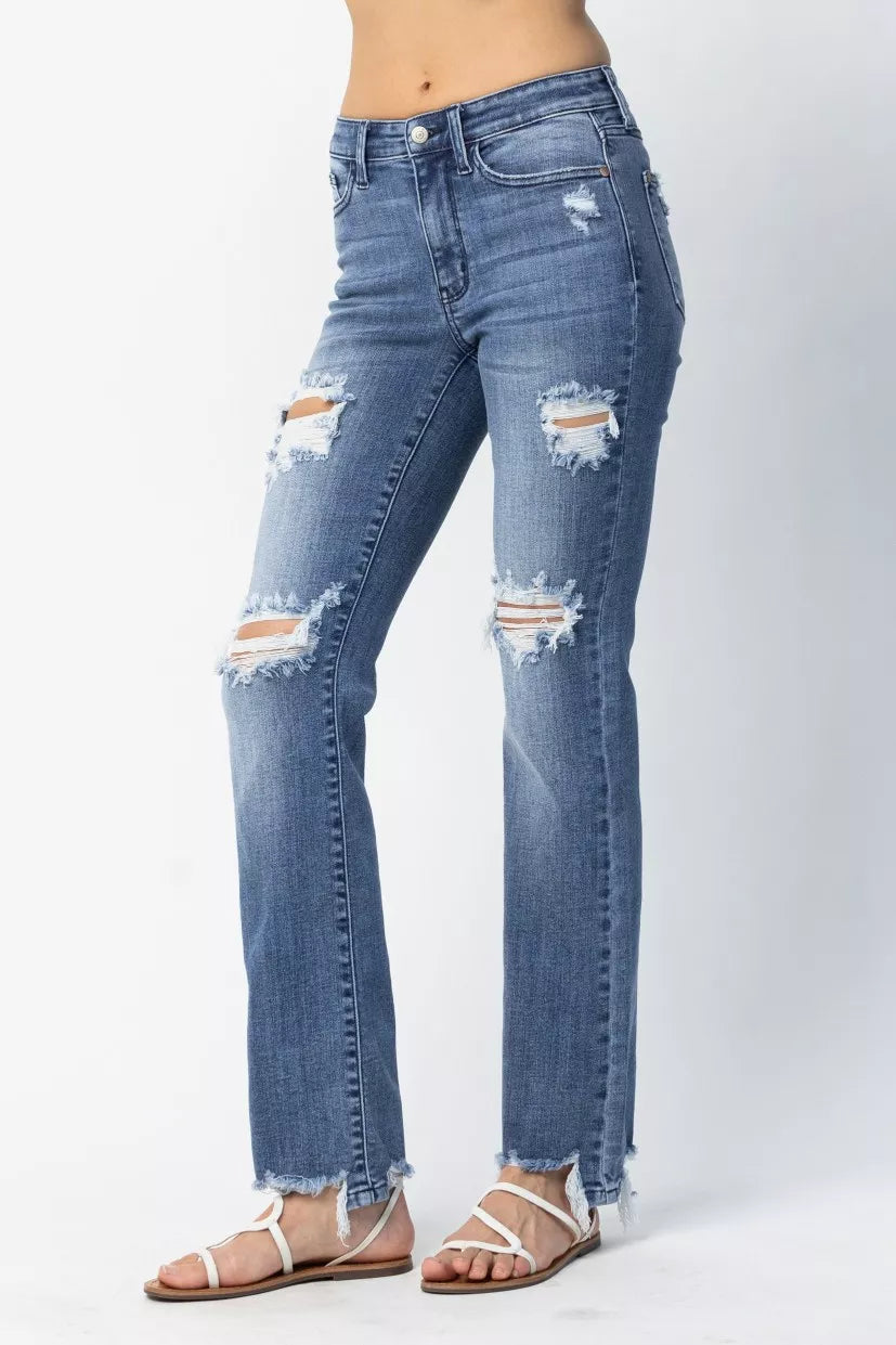 Judy Blue Medium Washed Mid Rise Destroyed Straight Jeans
