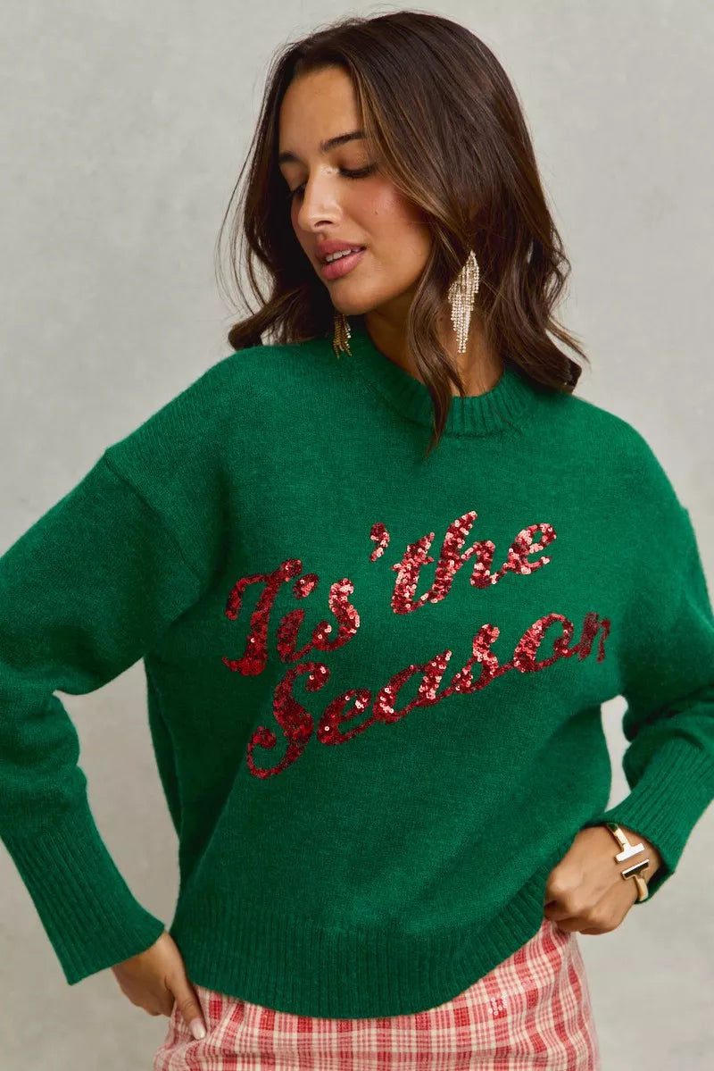 SO ME Hunter Green Sequins Lettering Christmas Holiday Sweater