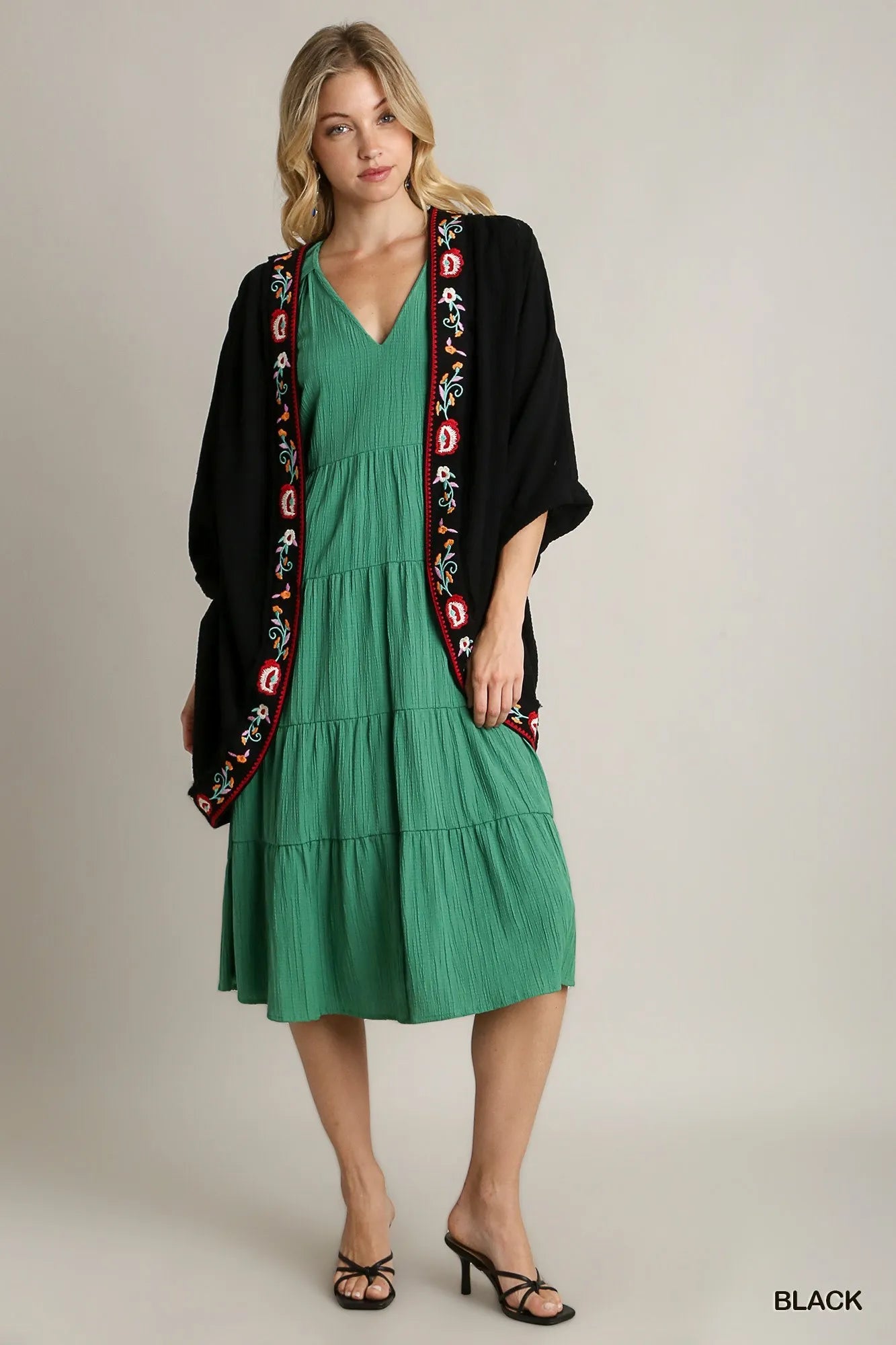 Umgee Black Embroidery Open Front Kimono with Pleated Shoulder Detail