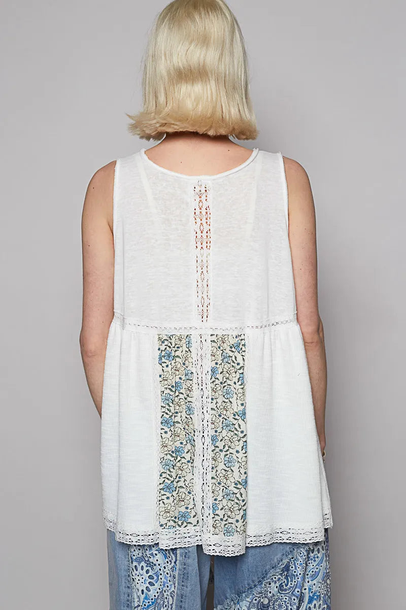 POL Off White V Neck Sleeveless Tank Top with Lace Detail