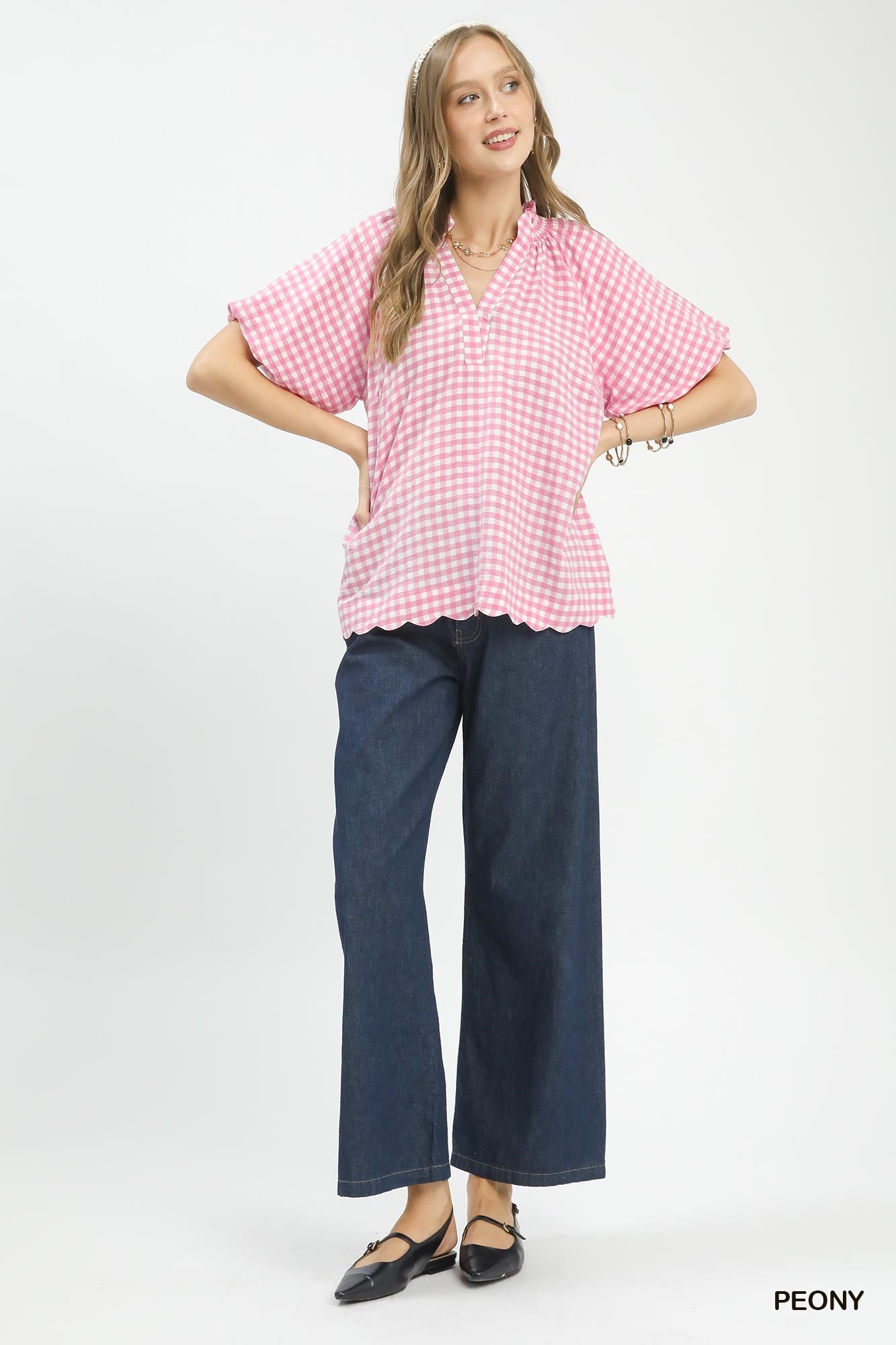 Umgee Peony Gingham Bubble Sleeve Blouse with Scallop Hem
