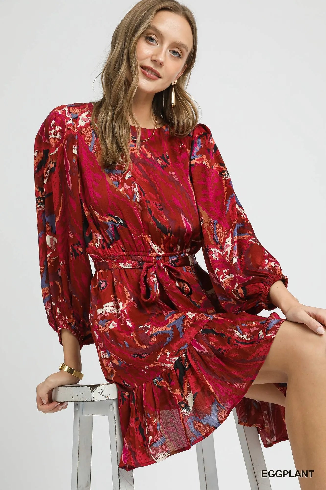 Umgee Eggplant Ruffled Hem Abstract Printed Balloon Sleeve Dress