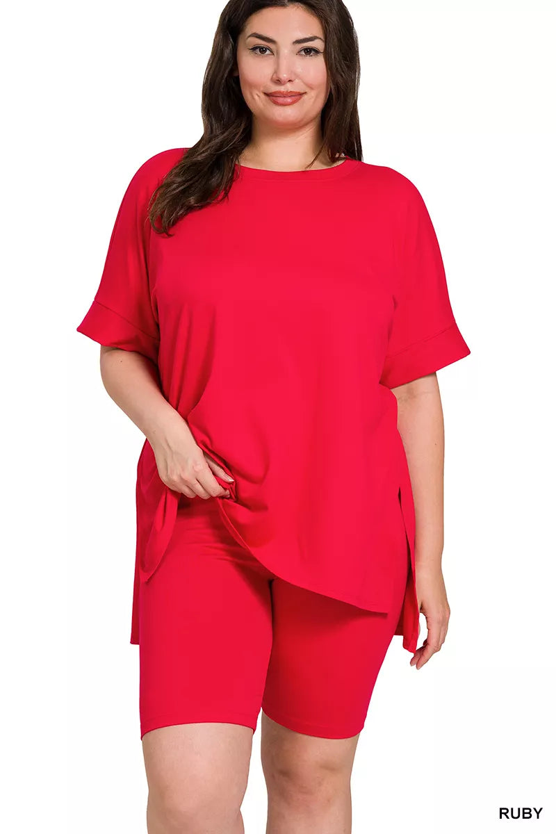 Zenana Ruby Brushed Dty Microfiber Round Neck Top and Biker Shorts Set