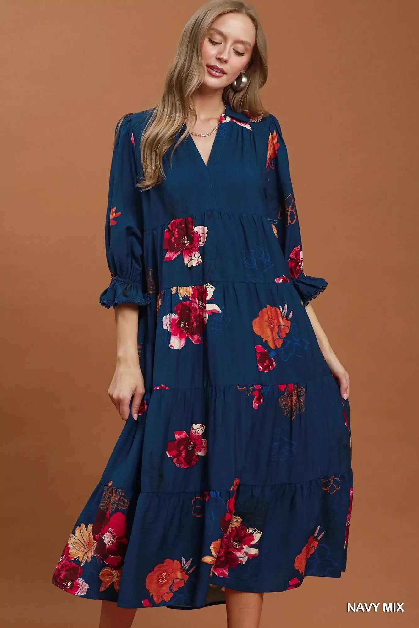 Umgee Floral Print Tiered Midi Dress with Puff Sleeves NAVY MIX