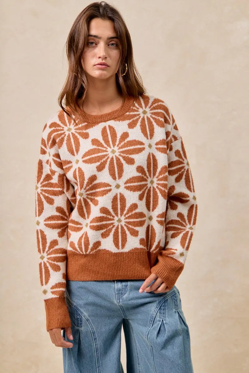 BiBi Rust & Ivory Flower Pattern Long Sleeve Sweater
