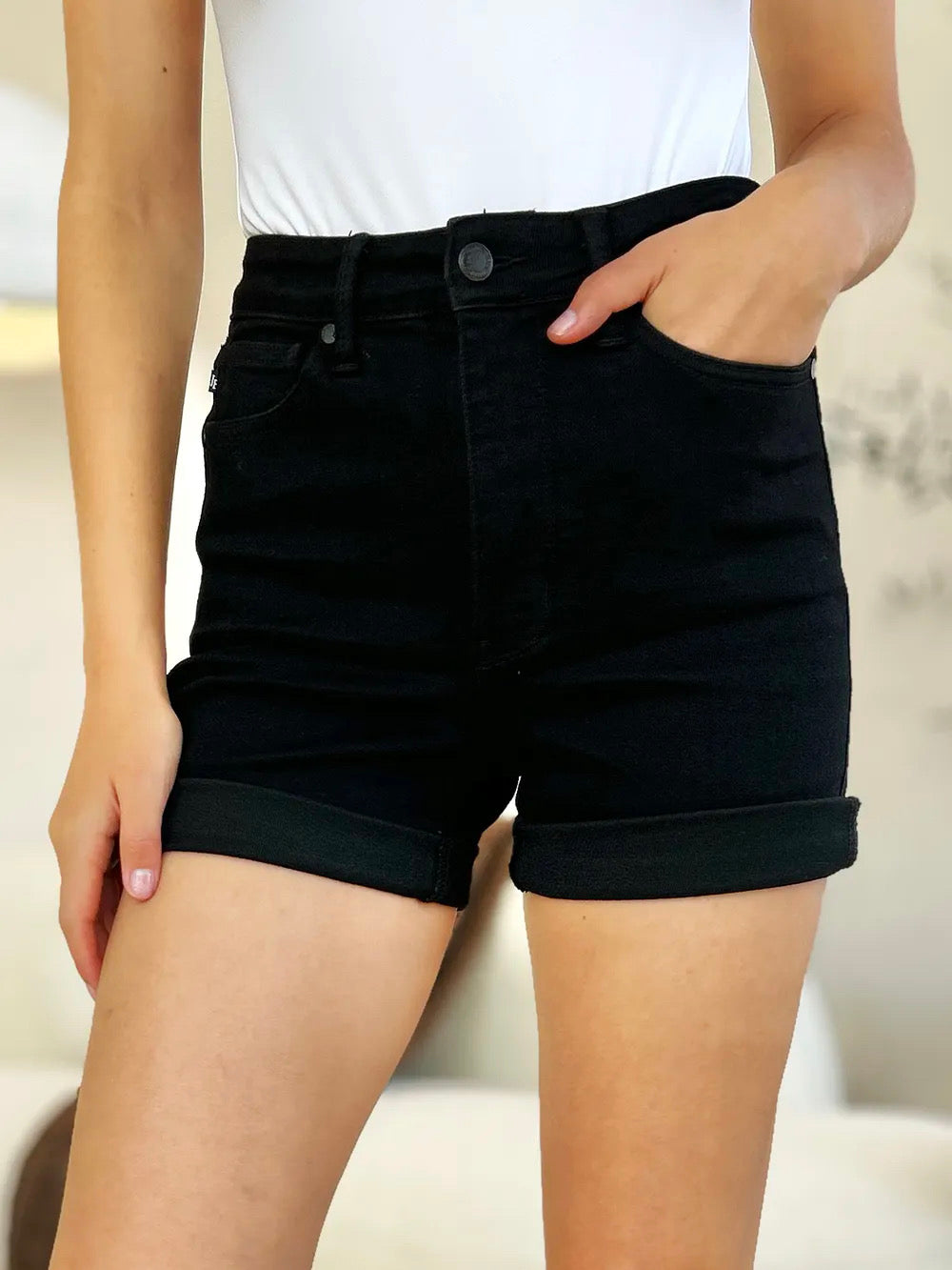 Judy Blue Black High Waist Tummy Control Cuffed Denim Shorts Black Shorts