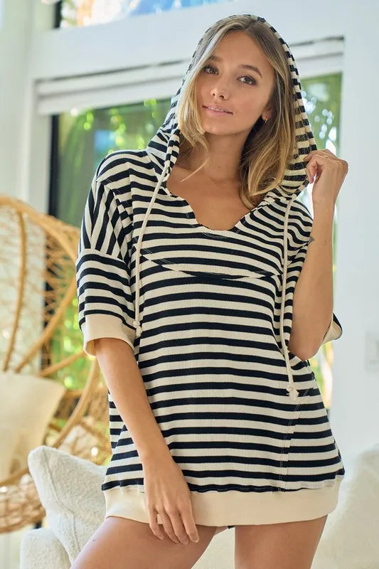 BiBi Stripe Fleece Notch Neck Short Sleeve Hoodie BLACK CREAM