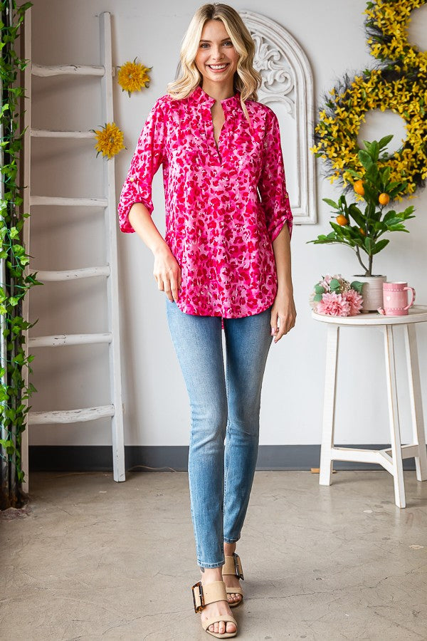 Heimish Mandarin Collar Pink Multi Color Animal Top