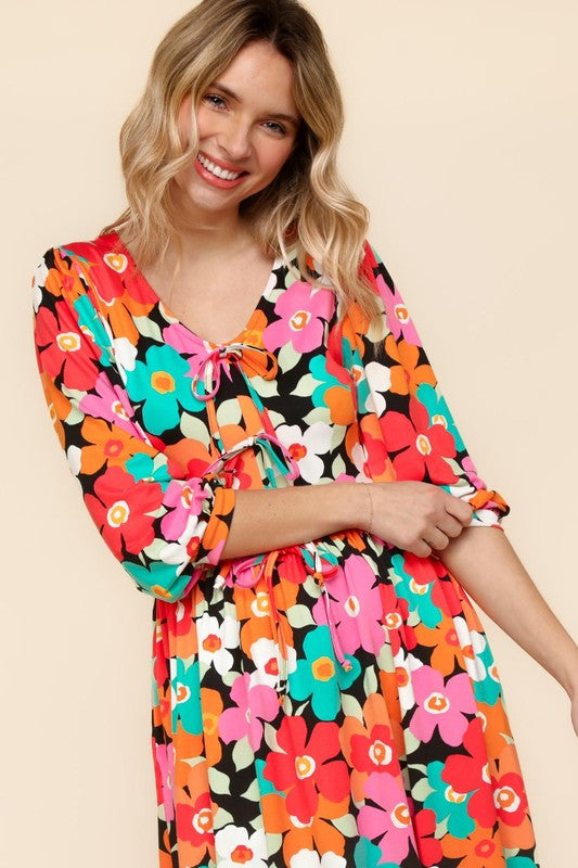 Haptics Little Bold V-Neck Ribbon Bow Detail Floral Knit Dress Womens