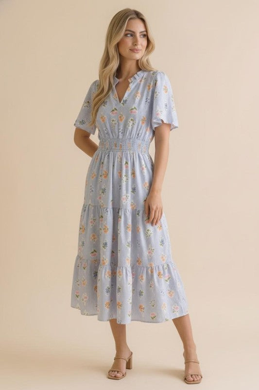 Haptics Flutter Into Late Summer Sweet Striped Floral Midi Dress