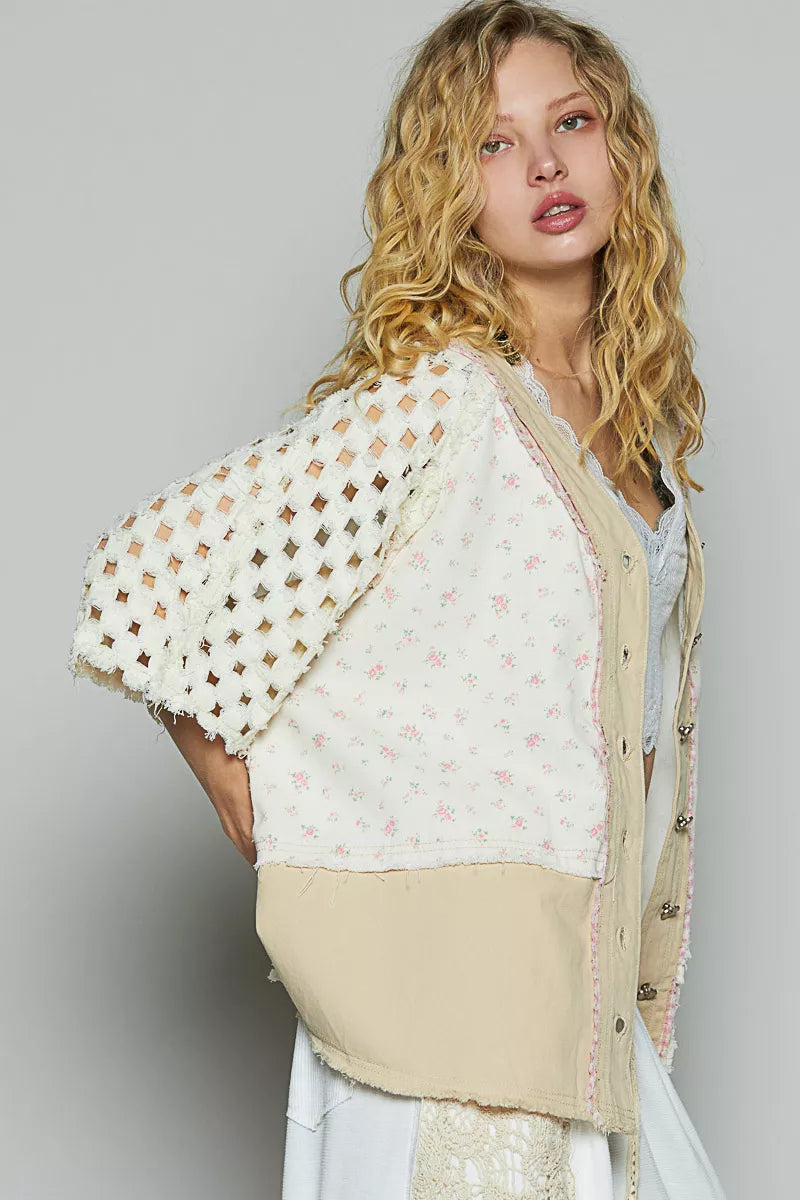 POL Button Down V-Neck Jacket with Printed Woven Patchwork