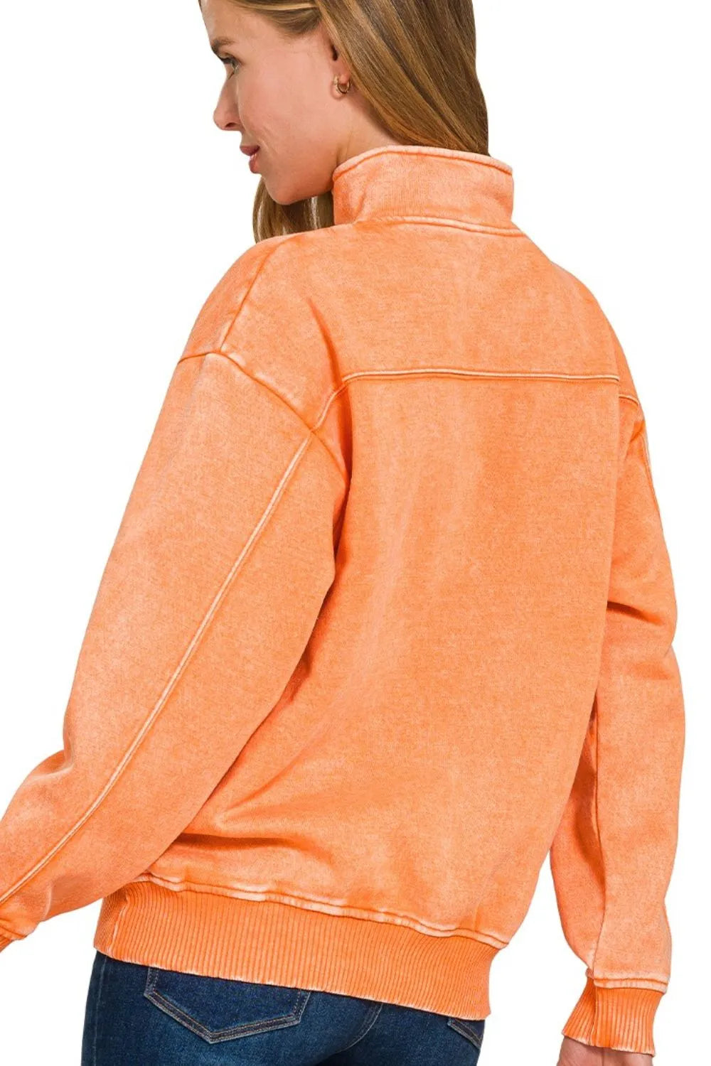 Zenana Light Orange French Terry Pigment & Enzyme Washing Half Zip Top