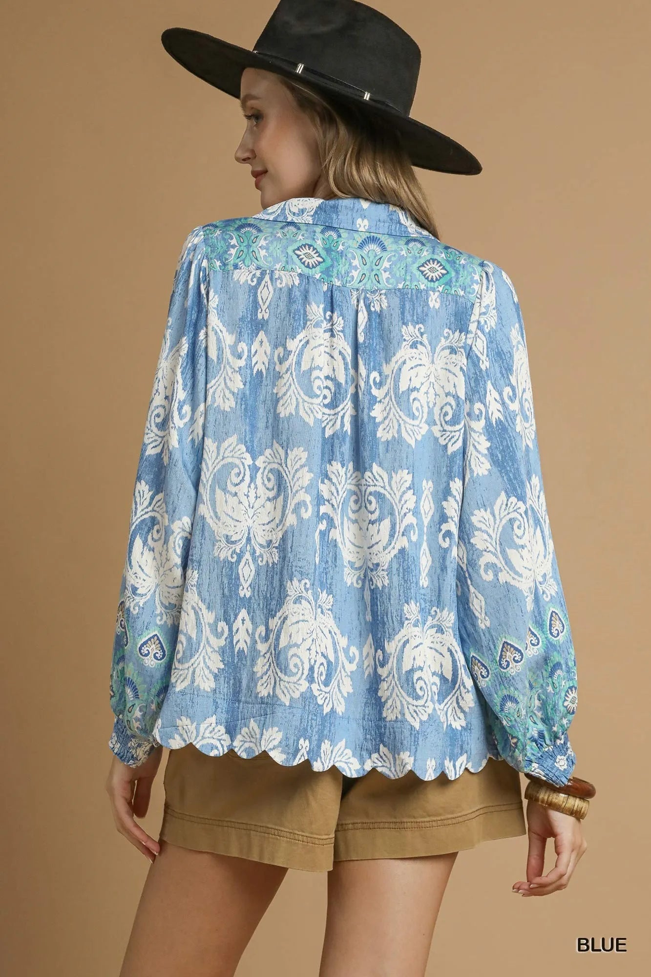 Umgee Floral Boho Blouse with Scalloped Hem