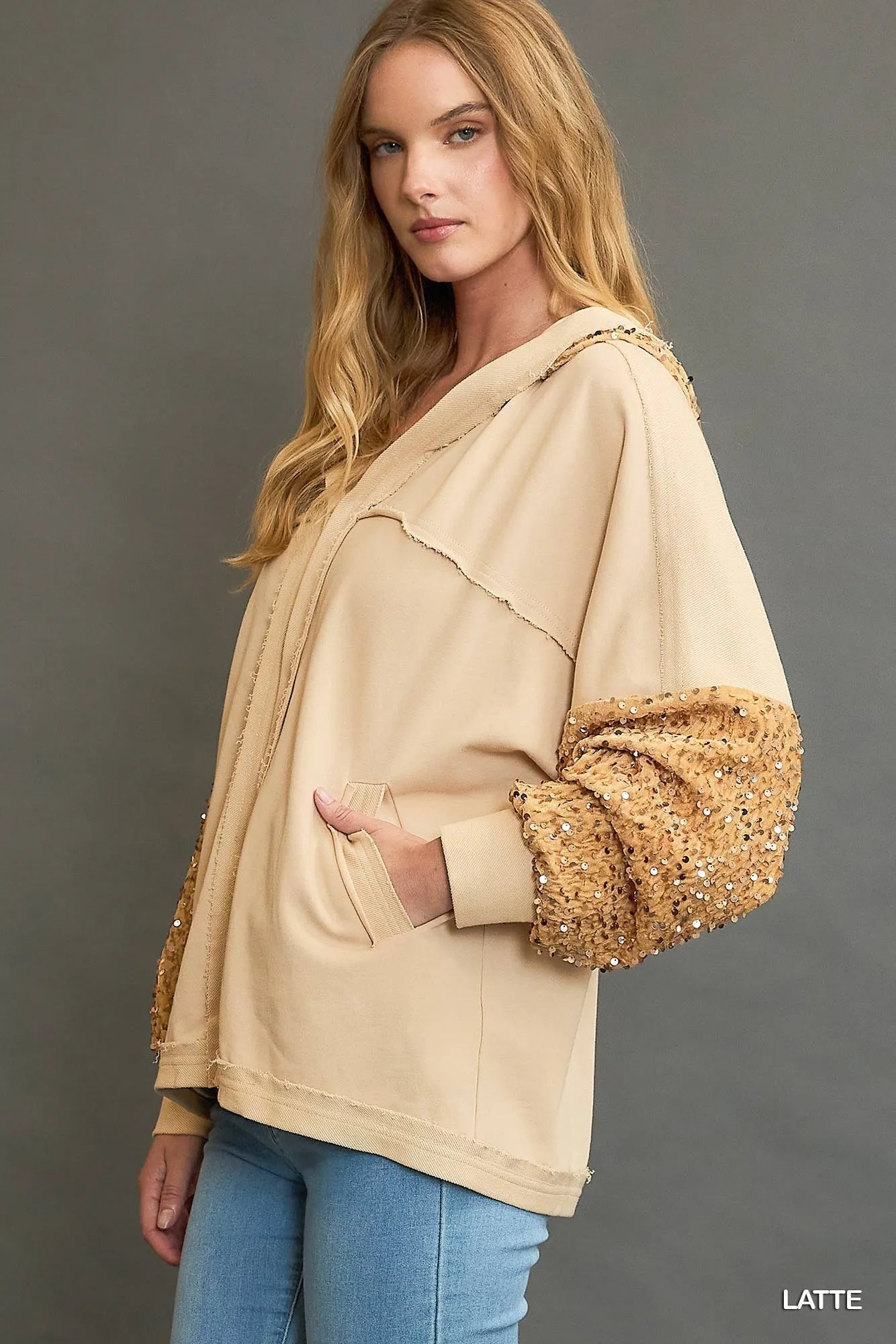 Umgee Latte Sequined French Terry Jacket