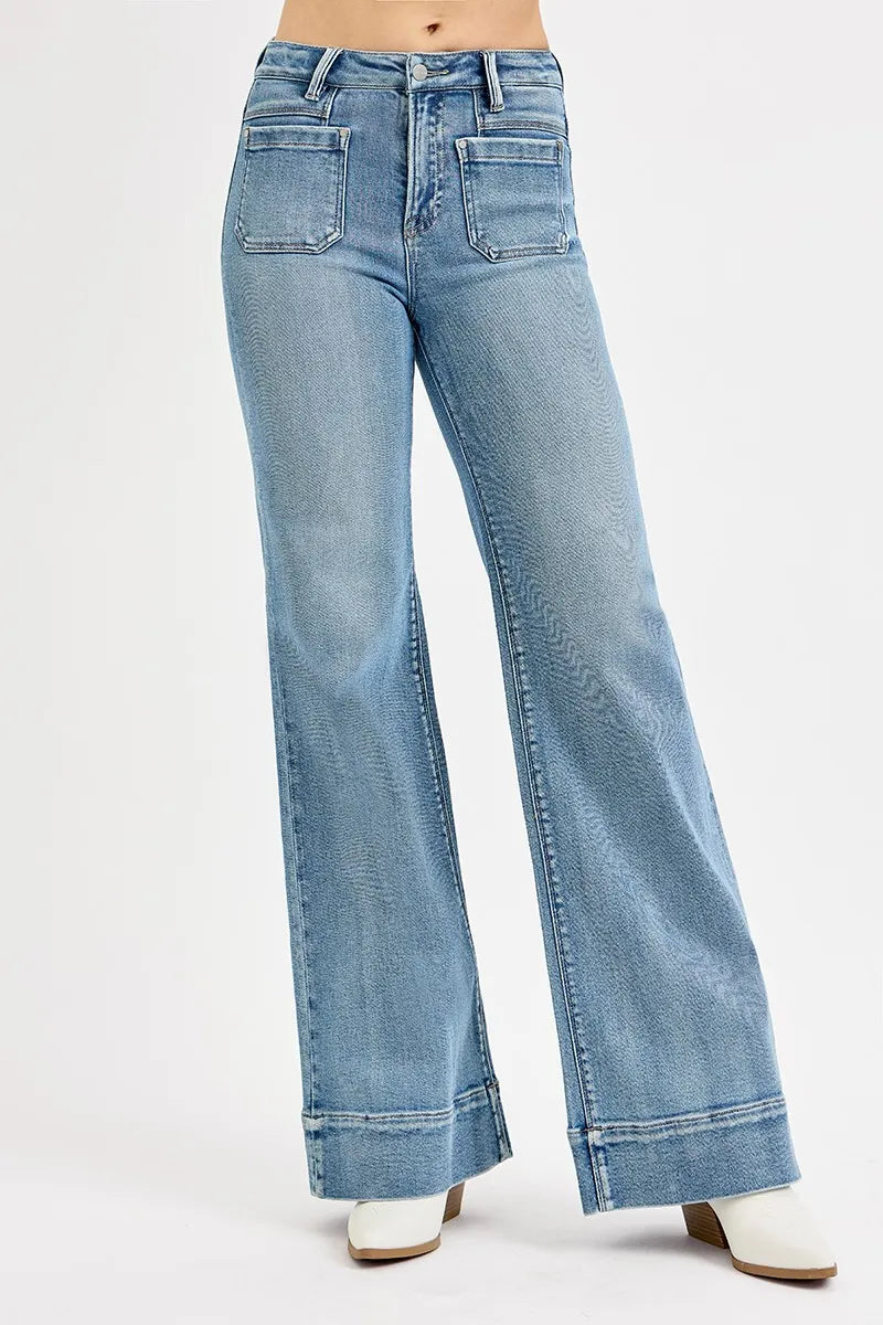 RISEN Medium Washed High Rise Wide Flare Patch Pocket Jeans MEDIUM
