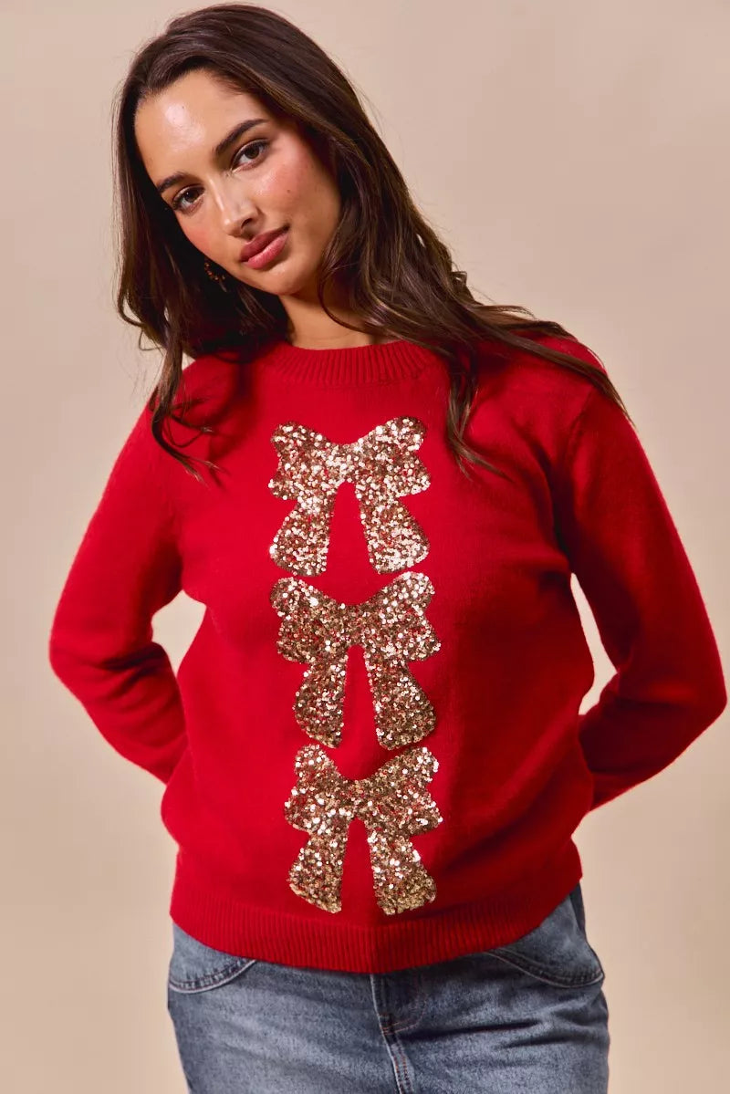 SO ME Red & Gold Sequins Bow Ribbon Embellished Christmas Sweater RED GOLD