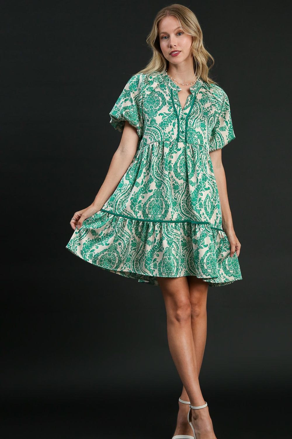 Umgee Teal Printed Notched Puff Sleeve Mini Dress