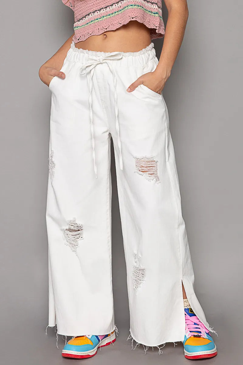 POL Off White Drawstring Distressed Wide Leg Denim Pants White