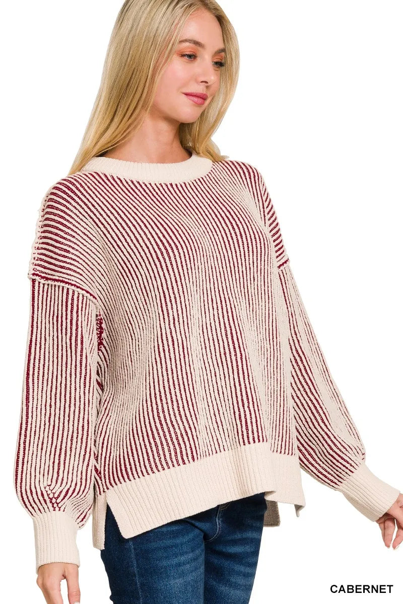 Zenana Cabernet Two Tone Crewneck Sweater