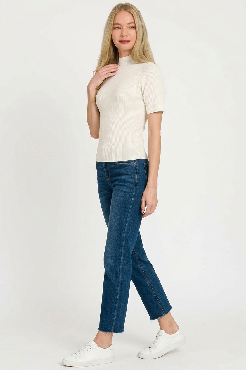 Zenana Ivory Viscose Ribbed Mock Neck Sweater