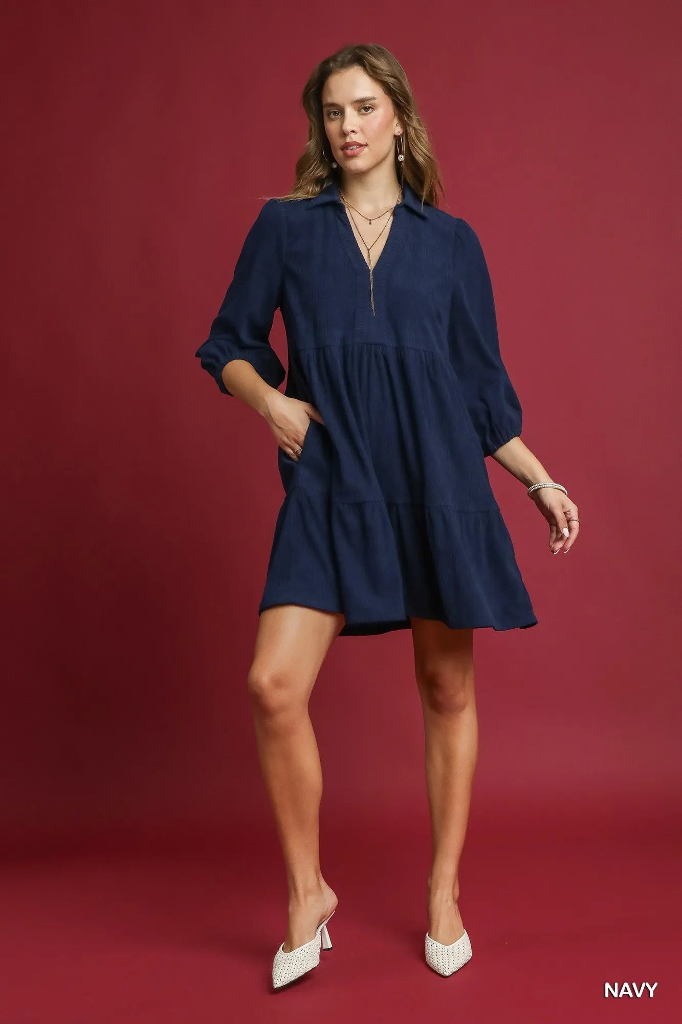 Umgee Navy Tiered Corduroy Mini Dress with Balloon Sleeves
