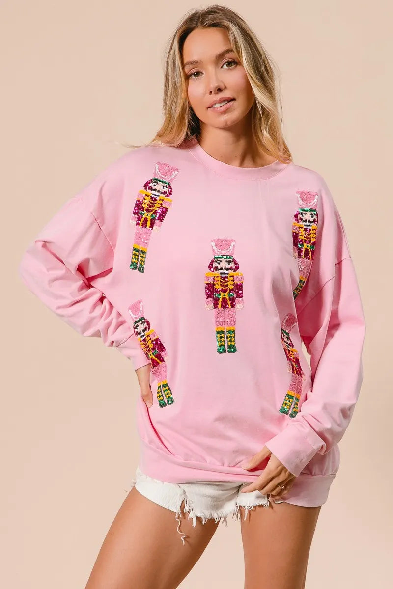 BiBi Light Pink Sequin Nutcrackers Embroidery Christmas Sweatshirt
