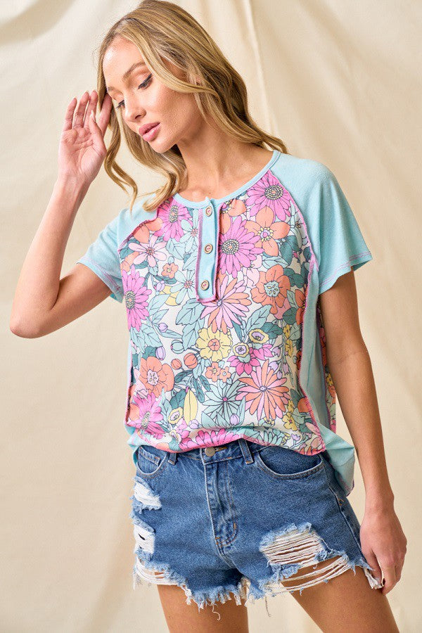 Lovely Melody Veronica's Floral Top in Aqua