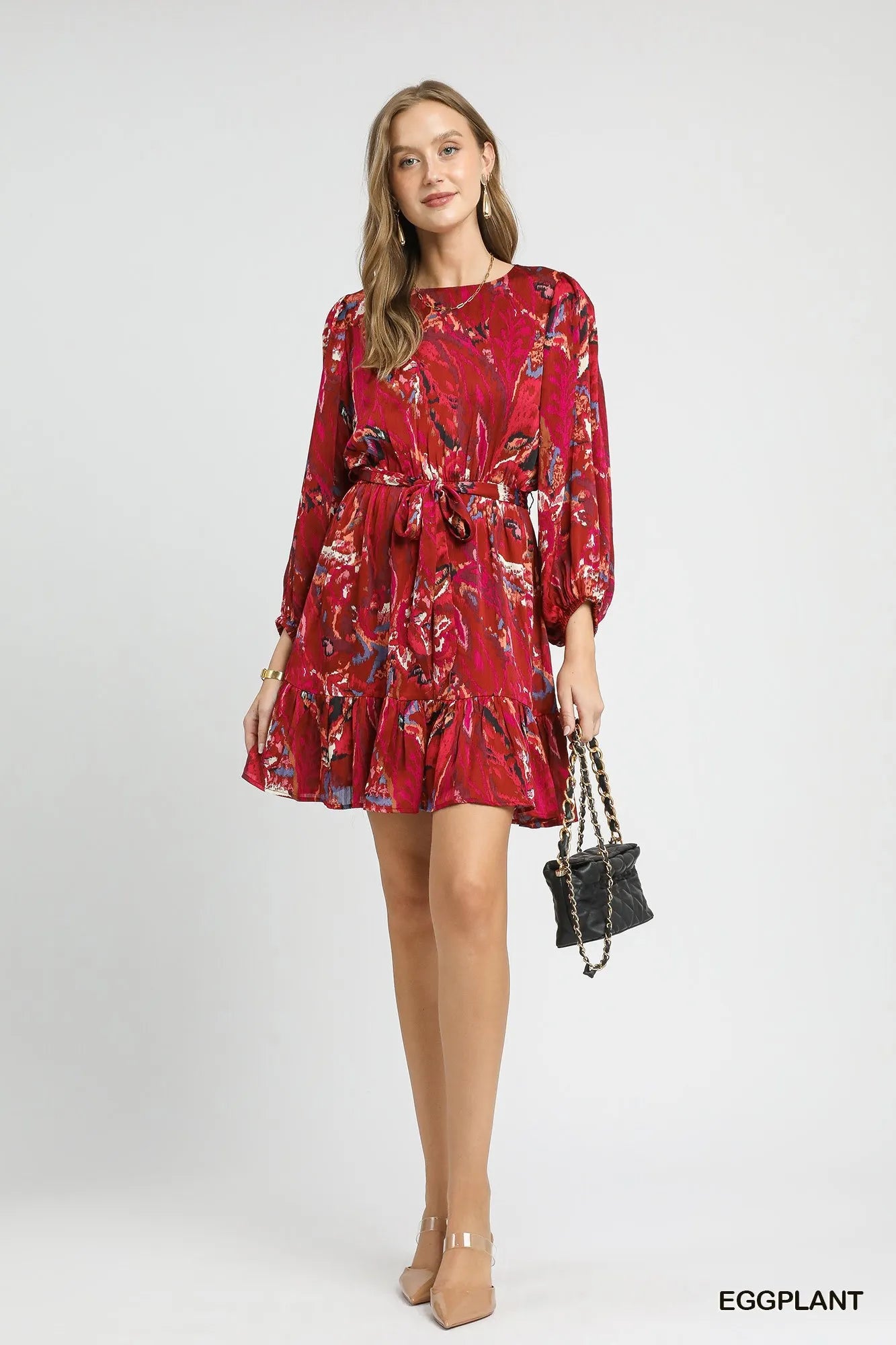 Umgee Eggplant Ruffled Hem Abstract Printed Balloon Sleeve Dress