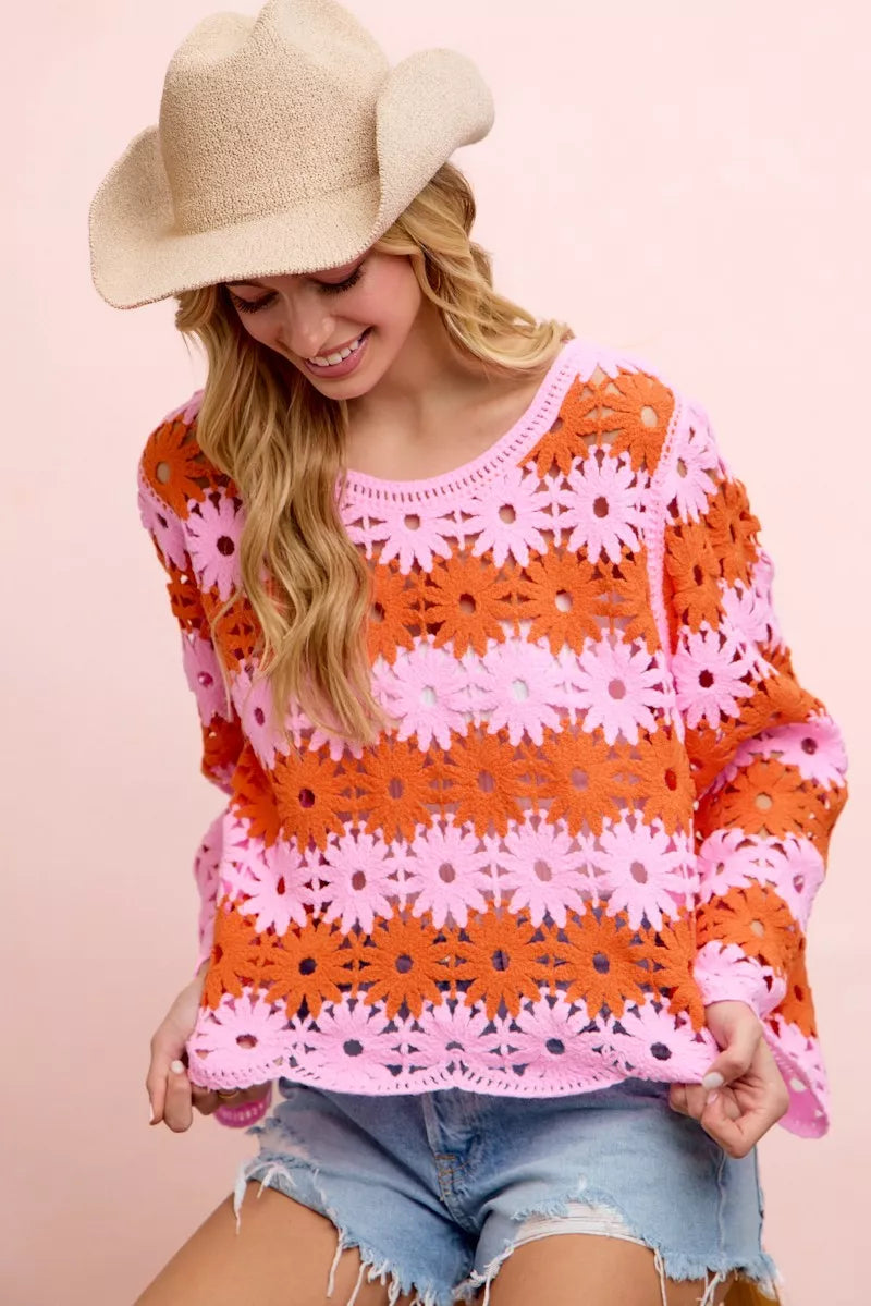 BiBi Pink Flower Crochet Knit Top