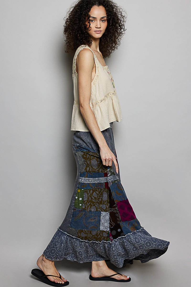 POL Charcoal Multi Printed Patchwork Embroidered Ruffled Bohemian Skirt