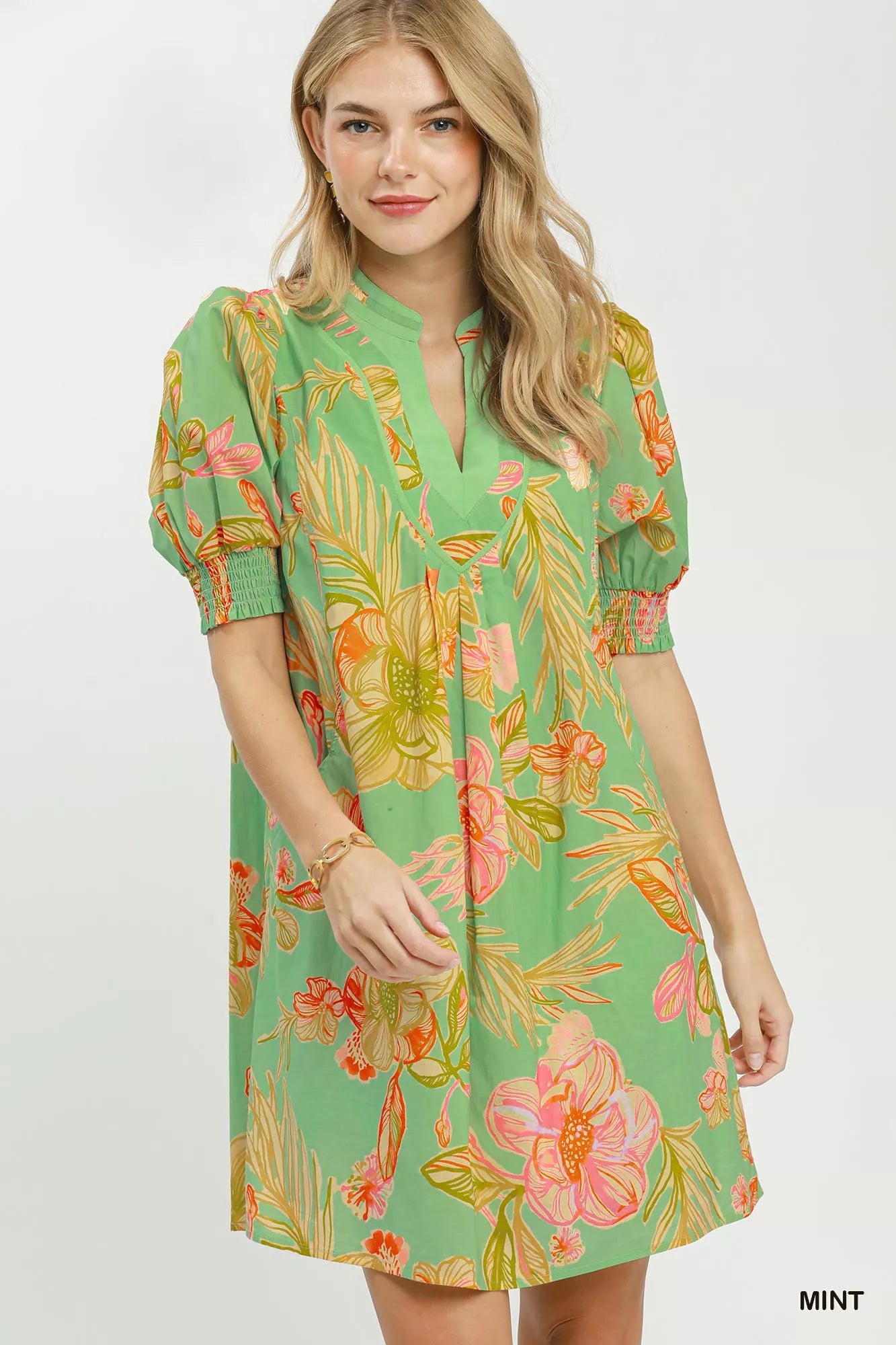 Umgee Mint Botanical Print Dress with Smocked Cuffs MINT