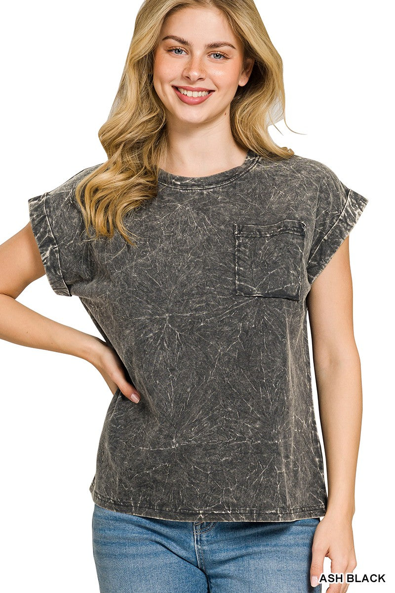 Zenana Ash Black Crinkle Washed Round Neck Folded Short Sleeve Tee ASH BLACK