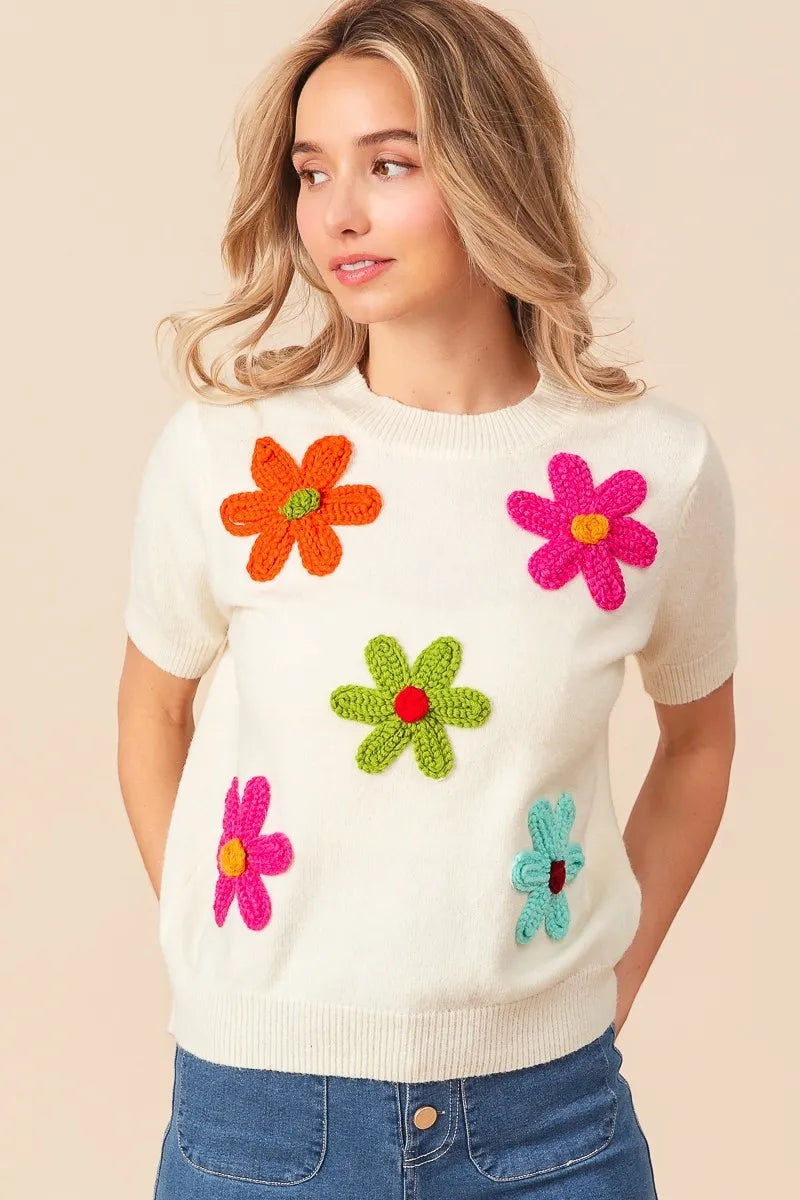 BiBi Ivory Crochet Flower Patch Sweater Top