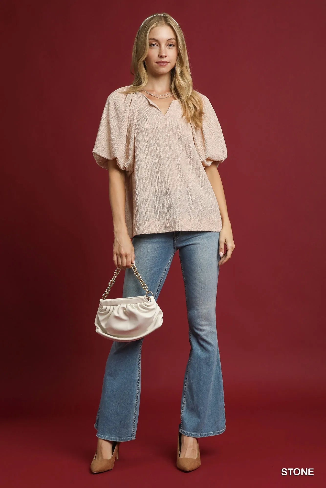 Umgee Textured Puff Sleeve Notched Blouse in Stone STONE