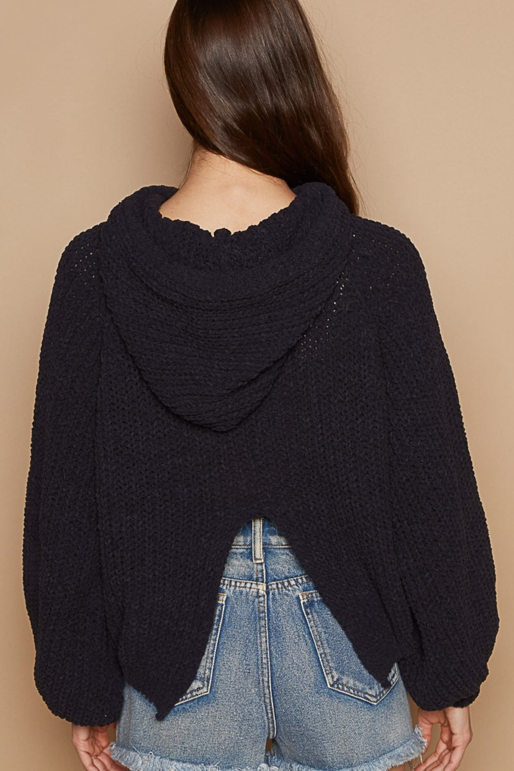 POL Back Open Slit Balloon Sleeve Crop Hooded Sweater Shirts & Tops