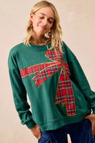 BiBi Plaid Ribbon Bow Detail Christmas Fleece Pullover – Green/Red Plaid