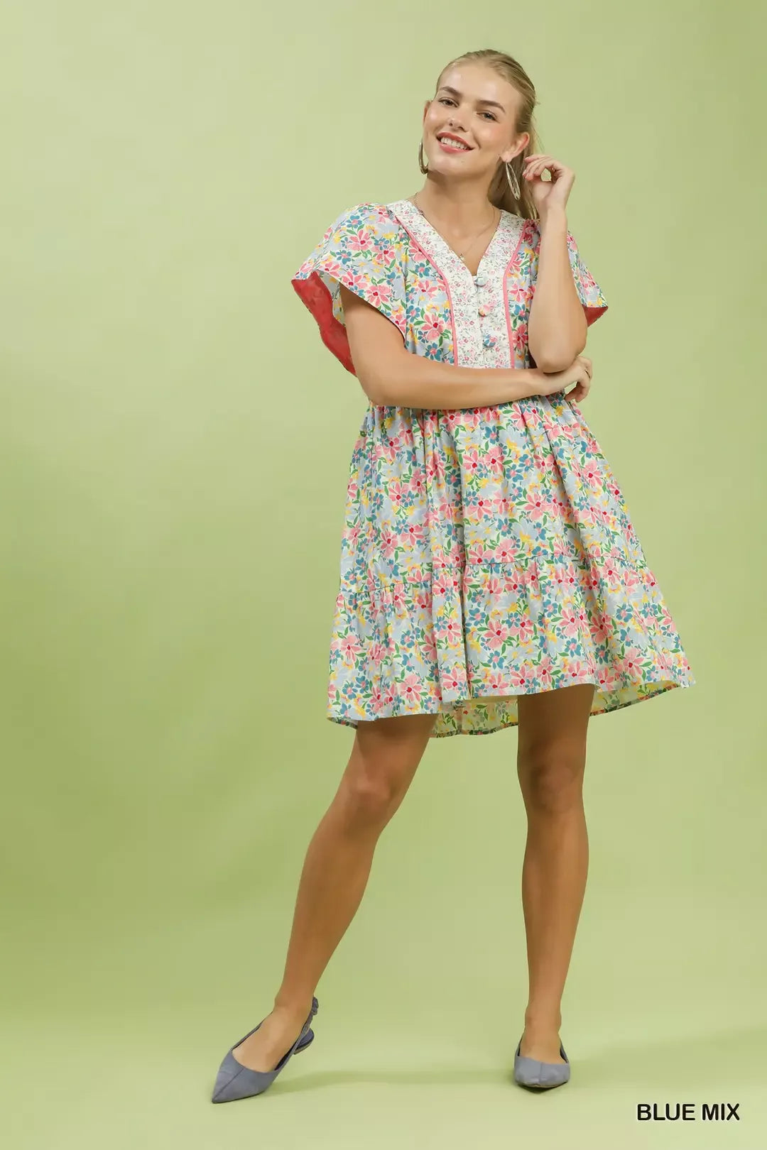 Umgee Blue Mix Floral Tiered Mini Dress with Side Pockets
